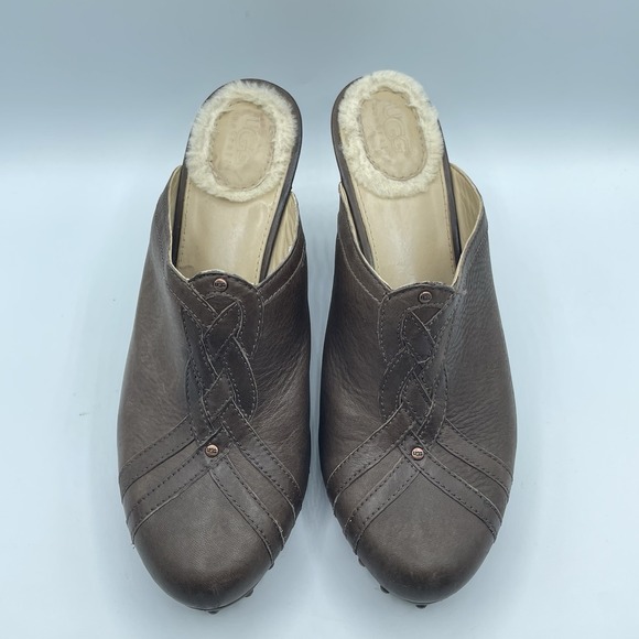 UGG Shoes - Ugg Abigail Sheepskin Leather Studded Wedge Mule Clogs Shoes 1716‎ Brown Size 10